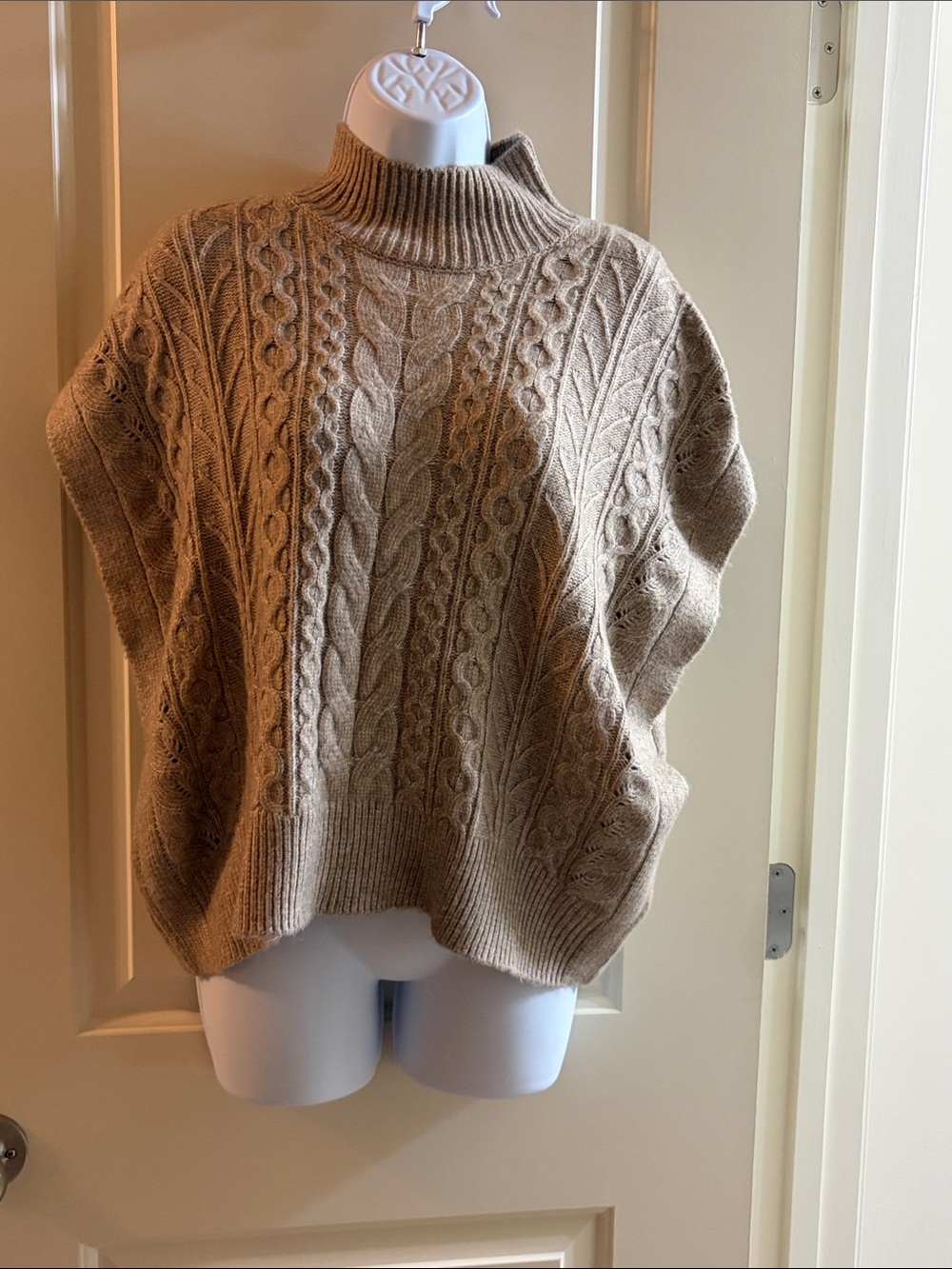 Rachel Zoe Cable-Knit Turtleneck Poncho Sweater - Beige